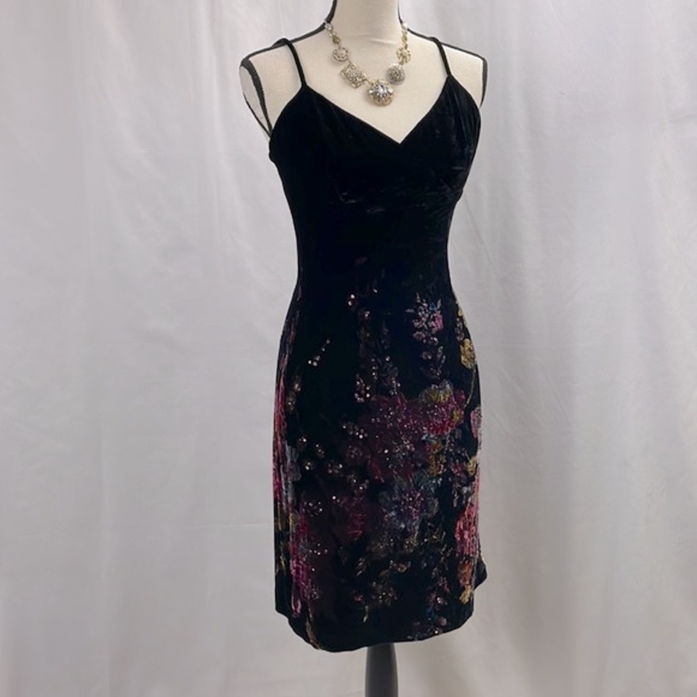 Rimini by Shaw Black Floral Print & Sequined Velvet Silk Cocktail Dress, Size 4